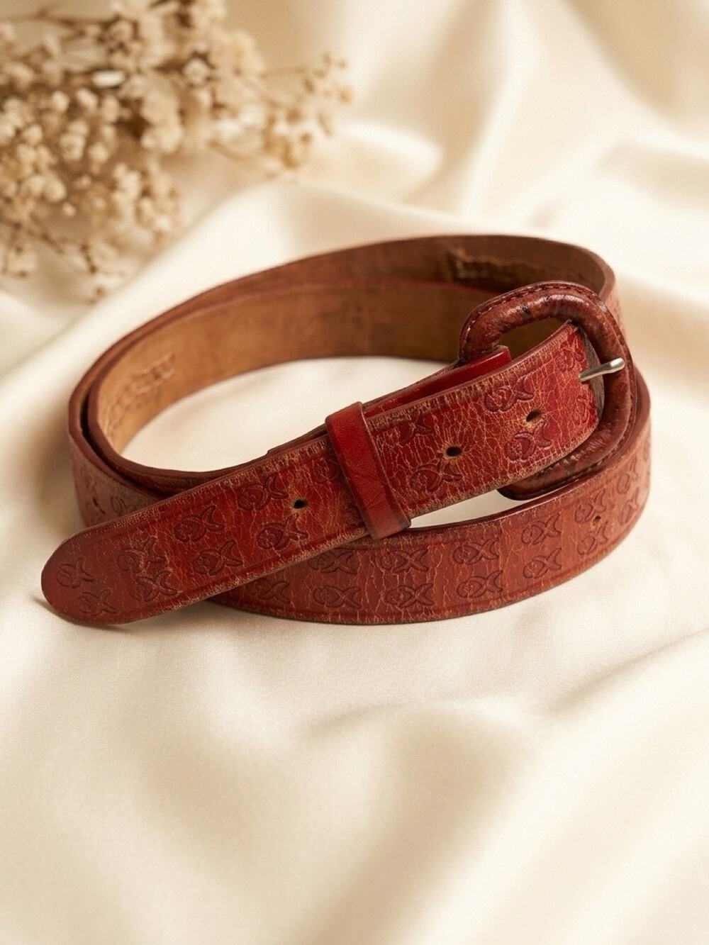 Vtg Belt Women 36/ M-L 39.5”Brown Red Leather Tooled Braided Boho Hippie Buckle